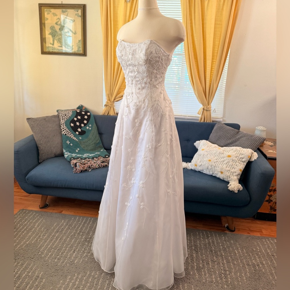 Strapless White Beaded Floral Wedding/ Prom Dress